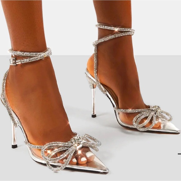 Midnight Clear Perspex Wrap Around Diamante Bow Pointed Toe High Heel. - Picture 12 of 14